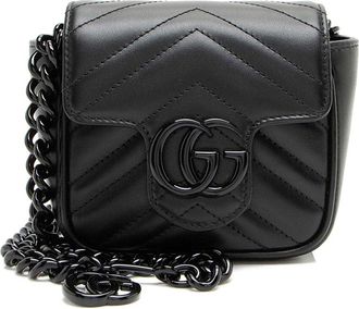 Gucci Black Matelasse Leather Gg Marmont Monochrome Square Chain Belt Bag (Authentic Pre-Loved)