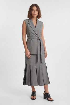 Karen Millen Womens Soft Tailored Check Godet Detail Midi Skirt - Grey - Size 14 UK