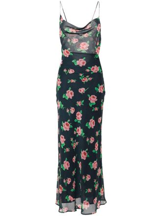 Rotate rose-print chiffon maxi dress - women - Recycled Polyester/Polyester/Elastane - 38 - Blue