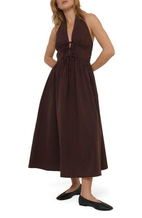 Nobody's Child Lilijana Tie Front Halter Organic Cotton Midi Dress in Brown at Nordstrom, Size 12