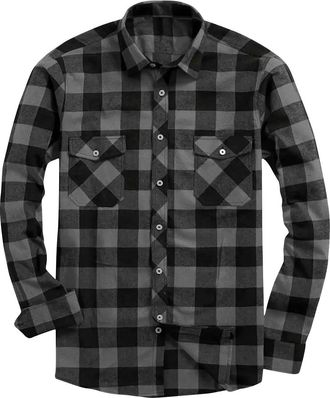 Generic Flannel Shirt Checked Shirt for Men Plaid Shirts Cotton Lumberjack Regular Fit Long Sleeve Casual Plaid Shirts Cotton Button Down Loose-Fit Collared A