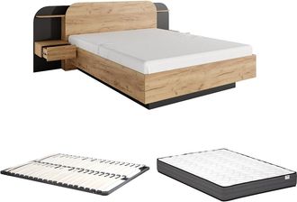 Vente-Unique Cama con mesitas de noche 160 x 200 cm - Con LEDs - Color: Natural y negro + Somier + Colch&oacute;n - JUVISIA