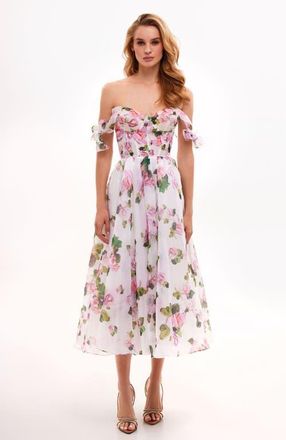 Milla A-Line Satin Floral Midi Dress with Tie Straps for Cocktail Events in Apple Blossom at Nordstrom, Size 6