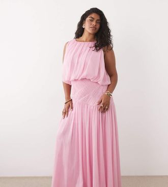 Asos Curve ASOS DESIGN Curve - Vestito lungo rosa drappeggiato arricciato in vita
