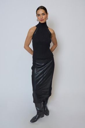 Central Park West Milan Faux Leather Accent Sleeveless T-Neck in Black Combo at Nordstrom, Size Medium