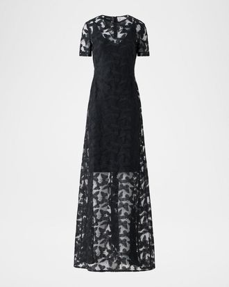 Akris Butterfly Embroidered Sheer Tulle Short-Sleeve Gown