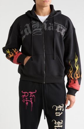 Ed Hardy Skull Flames Rhinestone Boxy Zip Hoodie in Black at Nordstrom Rack, Size X-Large