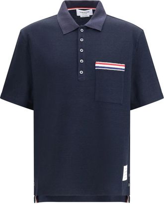 Thom Browne Textured Cotton Linen RWB Embroidered Short-Sleeve Polo - Heren - Tops - Blauw - Maat: M Katoen