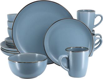 Gibson Home Rockaway 16 Piece Stoneware Metallic Rim Dinnerware Set in Matte Blue