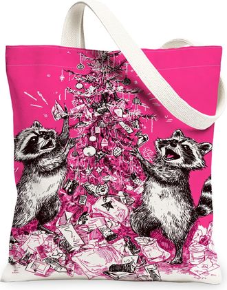 Generic Christmas Raccoon Canvas Tote Bags, Cute Animal Design Reusable Grocery Bags, Lightweight Washable Shoulder Strap Canvas Fo, Peach, 13x15 Inch