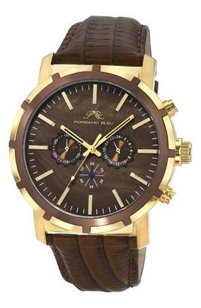 Porsamo Bleu NYC Chronograph Embossed Leather Strap Watch, 47mm in Brown at Nordstrom Rack