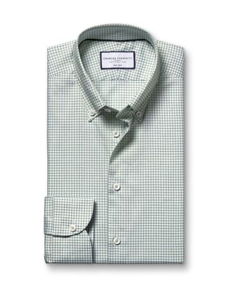 CHARLES TYRWHITT Button-Down Non-Iron Oxford Checkered Cotton Formal Shirt - Green Single Cuff Size 14.5/33 by Charles Tyrwhitt