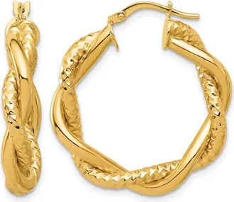 Diamond2Deal 14K Gold Polished and Textured Twisted Round Hoop Earrings