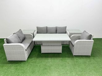 Fimous Patio PE Wicker 6 Seater Outdoor Rattan Furniture Sofa Sets w/ Adjustable Lifting Dining or Coffee Table Reclining Chair Loveseat Sofa 3