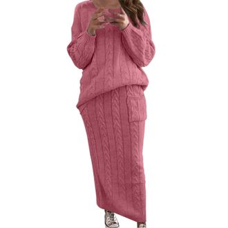 Generic Knitted Sweater Dresses for Women UK, Winter Warm Cozy Sweater Dress Crew Neck Ribbed Knit Sweater Dress with Pocket Solid Long Sleeves Sweater Suit F