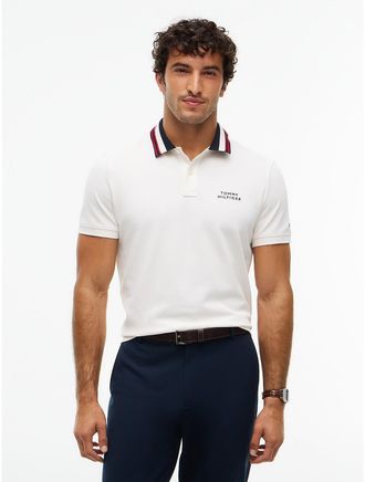 Tommy Hilfiger Mens Regular Fit Striped Collar Pique Polo - Ivory Petal - XL
