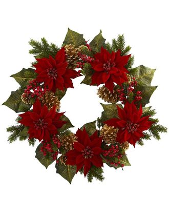 Nearly Natural 24In. Poinsettia, Berry And Golden Pinecone Artificial Wreath