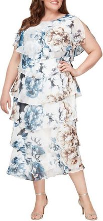 S.L. Fashions Floral Tiered Midi Cocktail Dress in Ivory Multi at Nordstrom, Size 14W