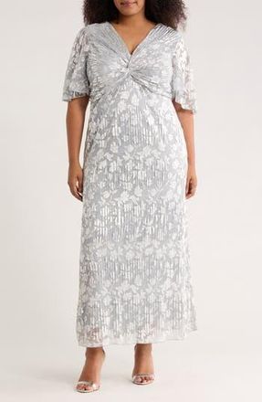 OLEG CASSINI Pleated Foil Knot Gown in Silver at Nordstrom Rack, Size 1 X