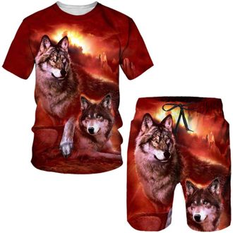Generic Wolf Pattern Mens and Womens T-Shirt 3D Printed Crew Neck Short Sleeve T-Shirt Set Short Sleeve Shorts, 6, L