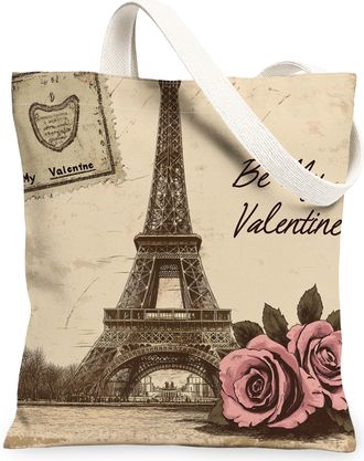 Generic Paris Floral Canvas Tote Bags, Vintage Rose Pattern Reusable Grocery Bags, Spring Retro Lightweight Washable Shoulder Strap Canvas for Travel Picnic 1