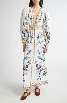 Farm Rio Mystic Blue Lotus Placed Print Long Sleeve Linen Blend Maxi Dress in White And Blue at Nordstrom Rack, Size Medium