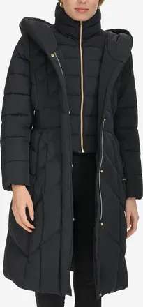 Cole Haan Womens Taffeta Down Coat With Elasticaded Waist Inserts - Black Size Medium