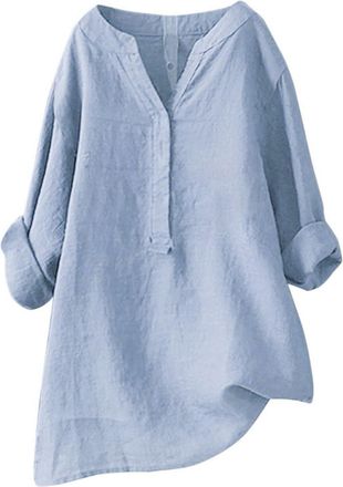 Generic Linen Shirt Dresses for Women UK 2025 3/4 Sleeve Sleeve Plus Size Summer Dressy Cotton Linen Button Down Blouses Ladies Casual Lightweight V Neck Roll