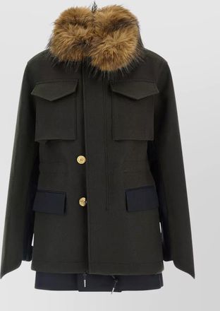 sacai wool faux fur collar military coat
