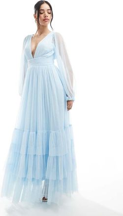 Lace & Beads Bridesmaid Madison long sleeve maxi dress in powder blue