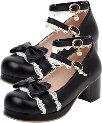 Yarnow Bow-Knot Round-Toe Leather Lolita Shoes for Women Breathable Shallow Mouth Design Steady Low Chunky Heel Stylish Flat School Shoes for Comfortable Eve