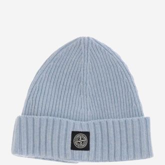 Stone Island Boys Wool Blend Beanie With Logo Light Blue Hat