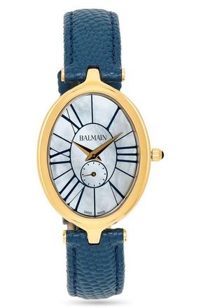 Balmain Haute Elegance Oval Leather Strap Watch, 26mm x 32mm in Yellow Gold Blue at Nordstrom