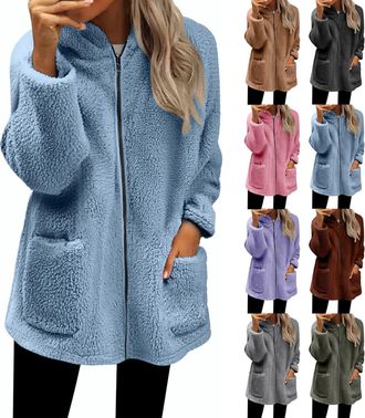 Generic Ladies Fleece Jackets Full Zip Womens Fleece Hoodie Jacket Winter Warm Soft Fluffy Fuzzy Teddy Hooded Coat Full Zip Up Thick Cardigan with Pockets Lad