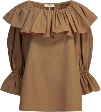 Chlo&eacute; Top van katoenpopeline met ruches - Dames - Blouses - Bruin - S - Katoen - Overhemden