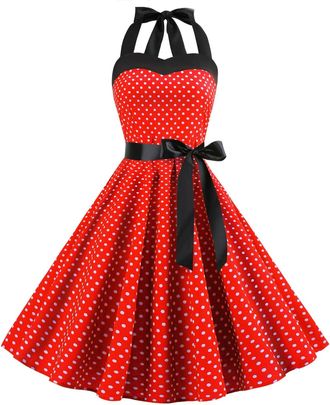 Generic Women Vintage 1950s Rockabilly Halter Neck Polka Dot Summer Swing A Line Midi Dress Cocktail Party Evening Prom Gown 1950s Vintage Cocktail Party Even