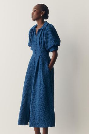 English Factory Puff-Sleeve Textured Midi Shirtdress
