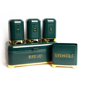 KitchenCraft 5pc Gift-Boxed Hunter Green Kitchen Storage Set with Tea, Coffee & Sugar Canisters, Utensil Store & Bread Bin