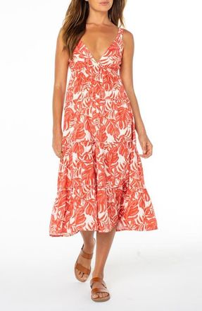 Roxy Tula Monstera Print Tiered Open Back Midi Dress in Lantana at Nordstrom, Size Xx-Large