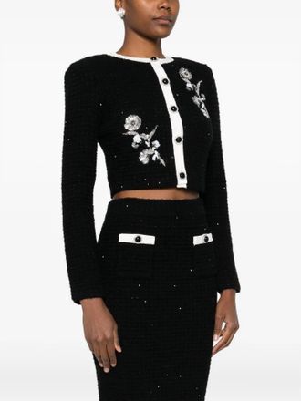 Self Portrait Floral Textured Knit Jacket In Black