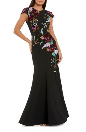 Mac Duggal Womens Crepe Mermaid Gown With Floral Embroidery in Black Multi at Nordstrom, Size 10