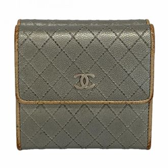Chanel Beige Gray Leather Wallet (Tri-Fold) (Pre-Owned)