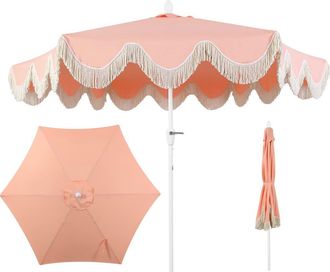 Jonathan Y Designs Collins 9 ft. Classic Cottage Fringe Tassel Market Patio Umbrella with Auto-Tilt Crank in Coral Pink/white Pole at Nordstrom