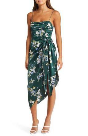 Wayf Ruched Bodice Satin Midi Dress in Hunter Bouquet at Nordstrom, Size Small
