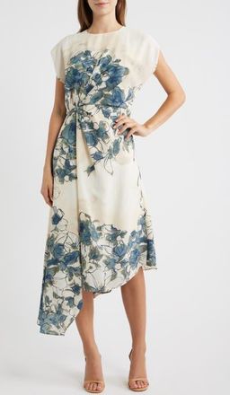 Maggy London Placed Floral Cap Sleeve Asymmetric Hem Midi Dress in Ivory/blue at Nordstrom, Size 10