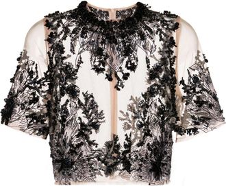 Biyan embroidered tulle short-sleeve top - women - Silk/Polyamide/Polyester/Silk - M - Neutrals