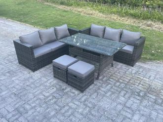 Fimous PE Wicker Outdoor Garden Furniture Set Patio Rattan Rectangular Dining Table Sofa with 2 Stool 8 Seater in Dark Grey