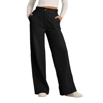 Generic Womens Cotton Linen Wide Leg Trousers - Solid Colour Button Down Casual Pants with Pockets Straight Leg Loose Fit Comfortable Office Wear & Smart Leis