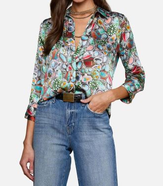 L'agence Dani 3/4 Sleeve Blouse In Multi Mix Turquoise Rings