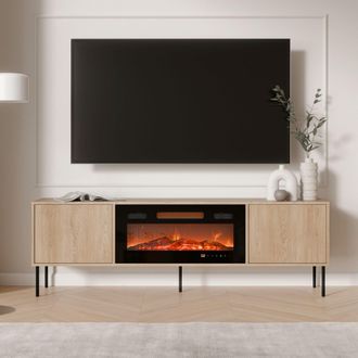 Dmora Mueble Tv Silvi, Un Estante, 2 Puertas, Chimenea Incluida, 180x40x60h Cm Marr&oacute;n